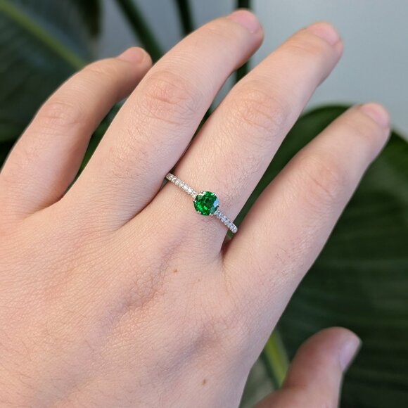 Tsavorite Garnet Ring in Solid 14K White Gold with Natural Diamond Accents - Picture 3 of 8